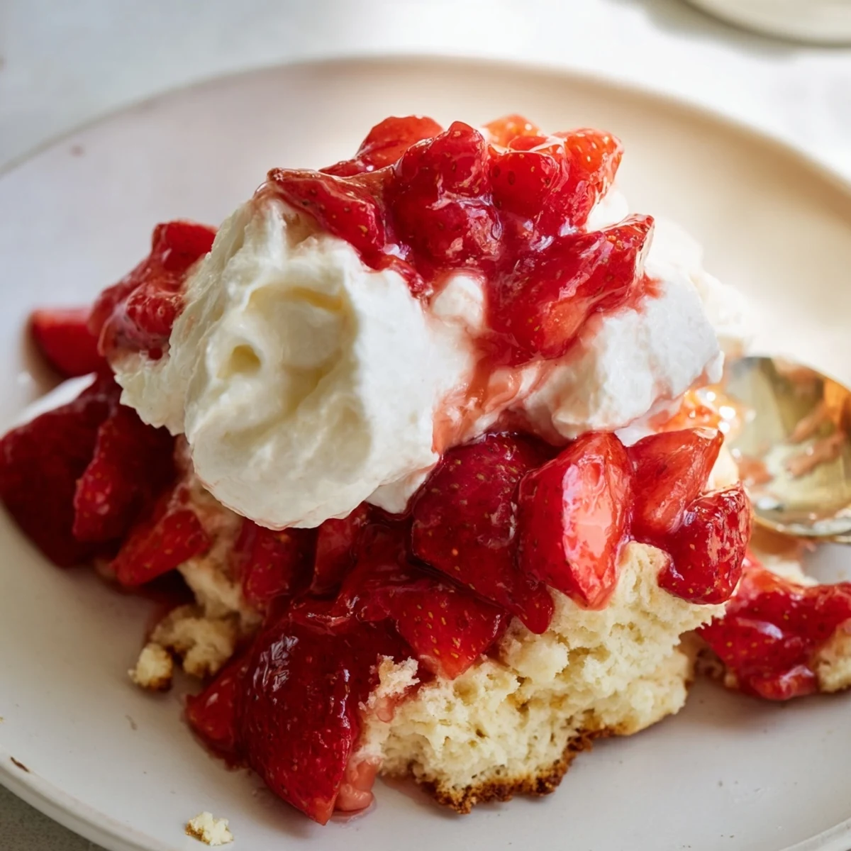 Classic strawberry shortcake dessert featuring tender cake layers topped with sweet red fruit