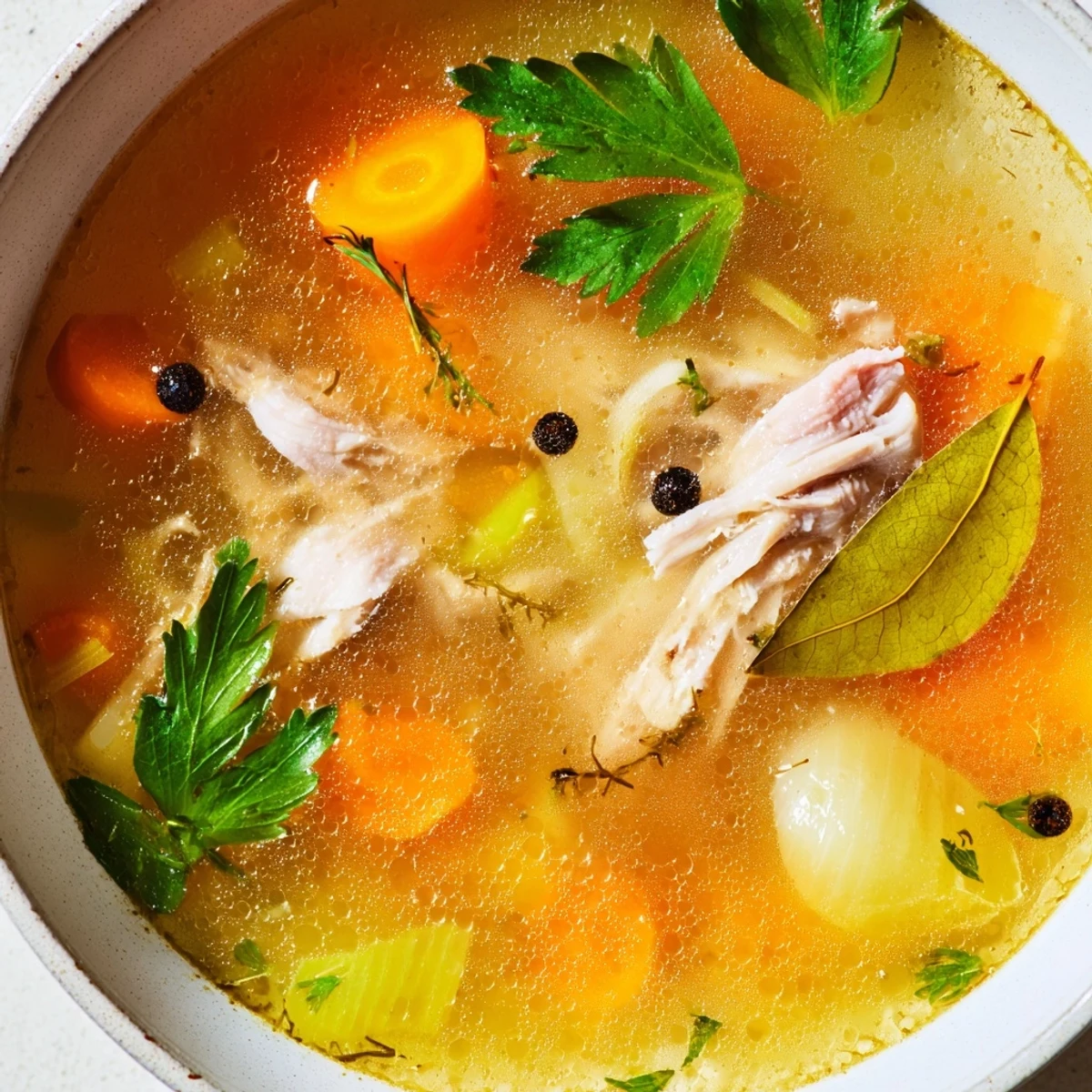 Golden homemade chicken bone broth slow cooker simmered with carrots, celery, and aromatic herbs