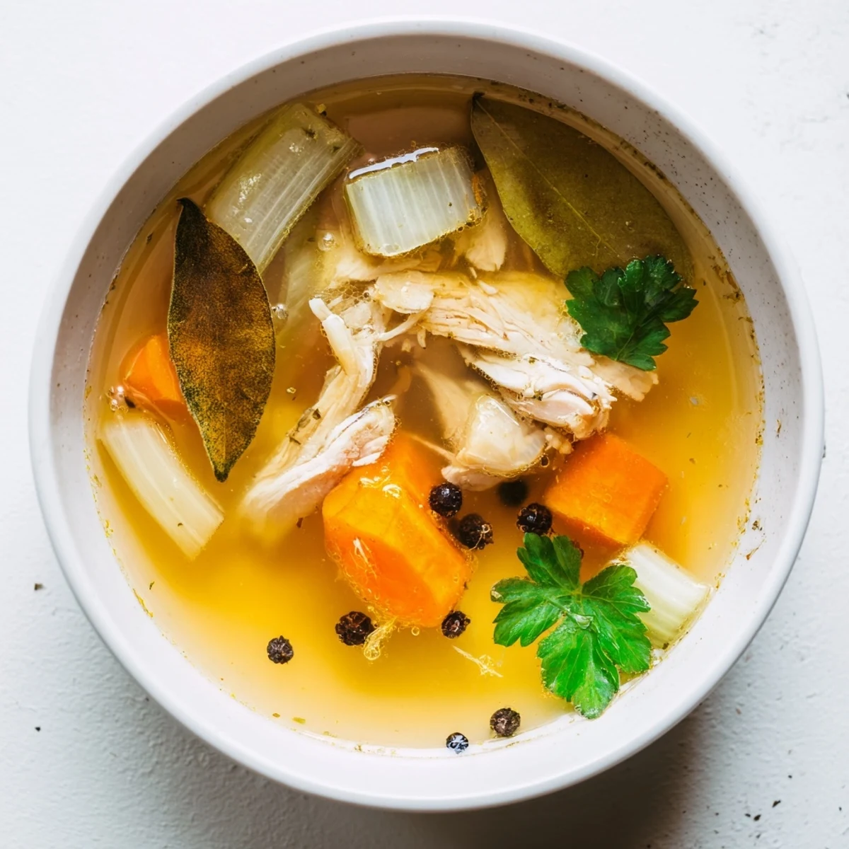 Clear slow cooker chicken bone broth ladled into a white ceramic bowl with fresh parsley garnish