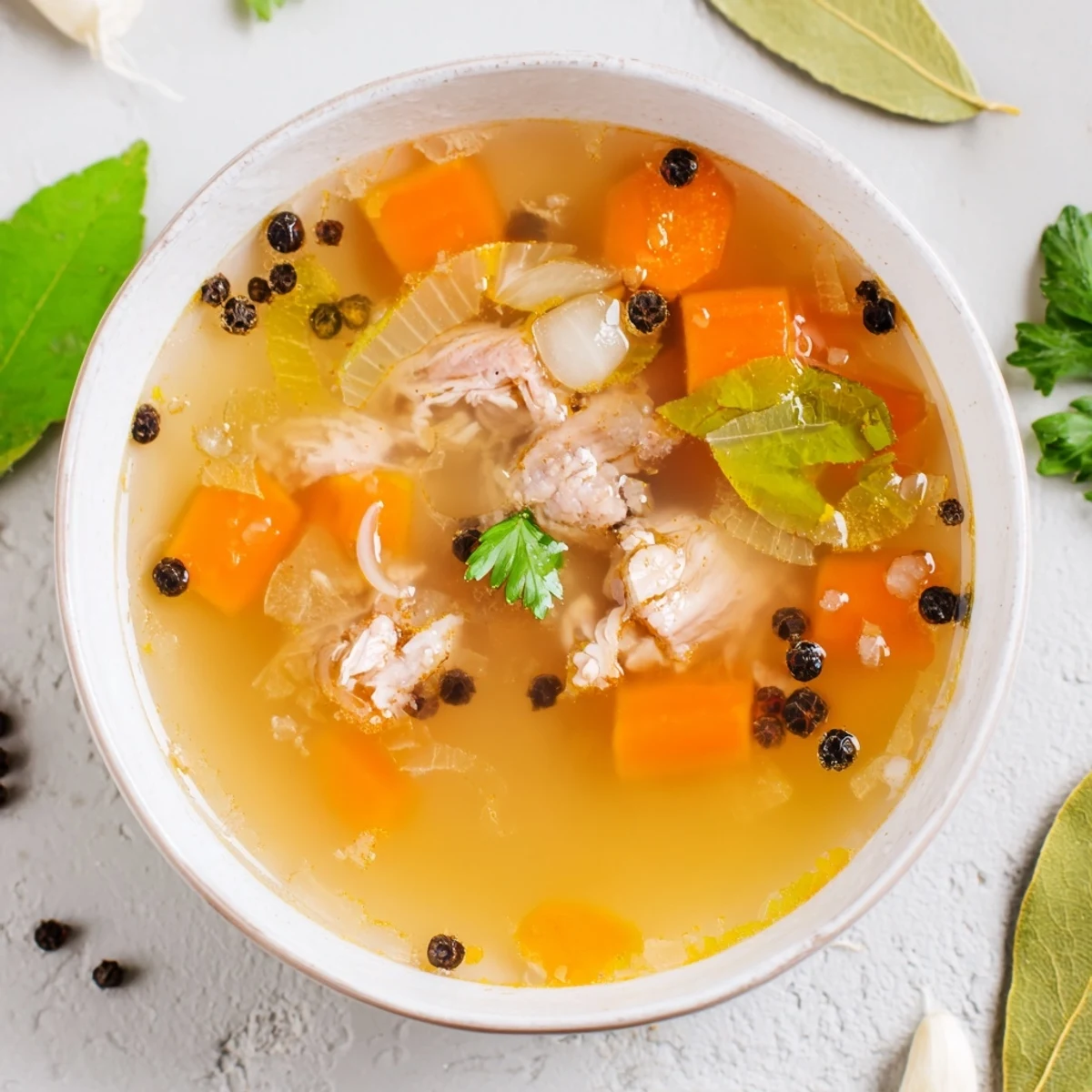 Rich amber chicken bone broth slow cooker recipe displaying vegetables and herbs in a glass jar