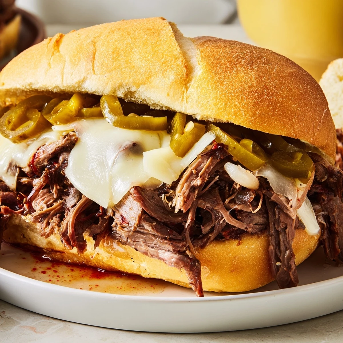 Tender slow cooker Italian roast beef sandwiches piled on crusty rolls with melted provolone cheese and tangy pepperoncini