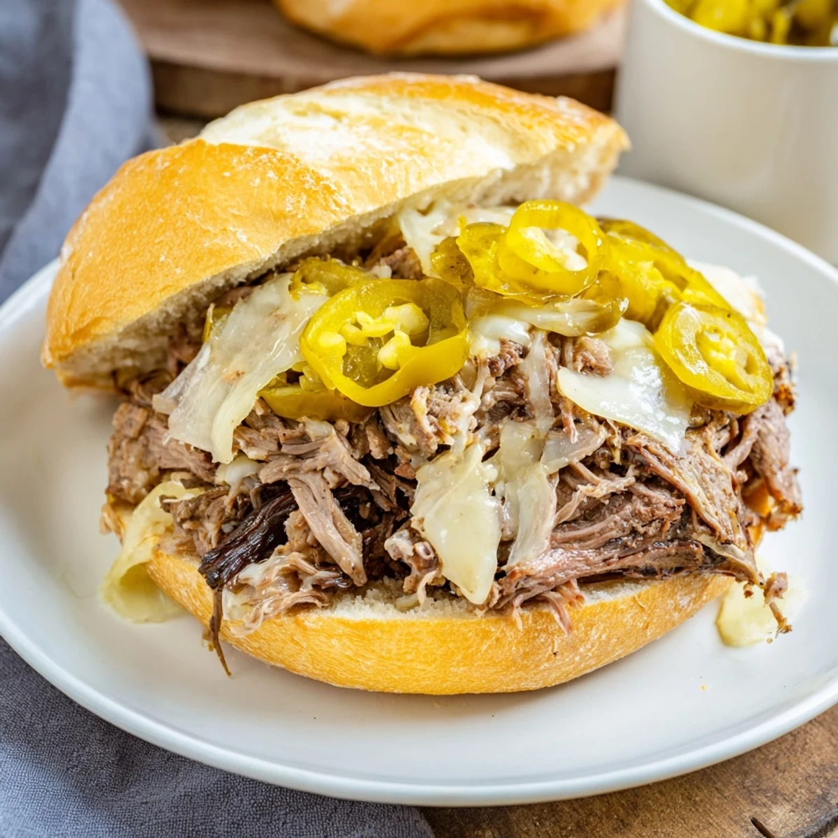 Golden toasted Italian sandwich rolls loaded with juicy slow-cooked beef, provolone slices, and crispy pepperoncini peppers