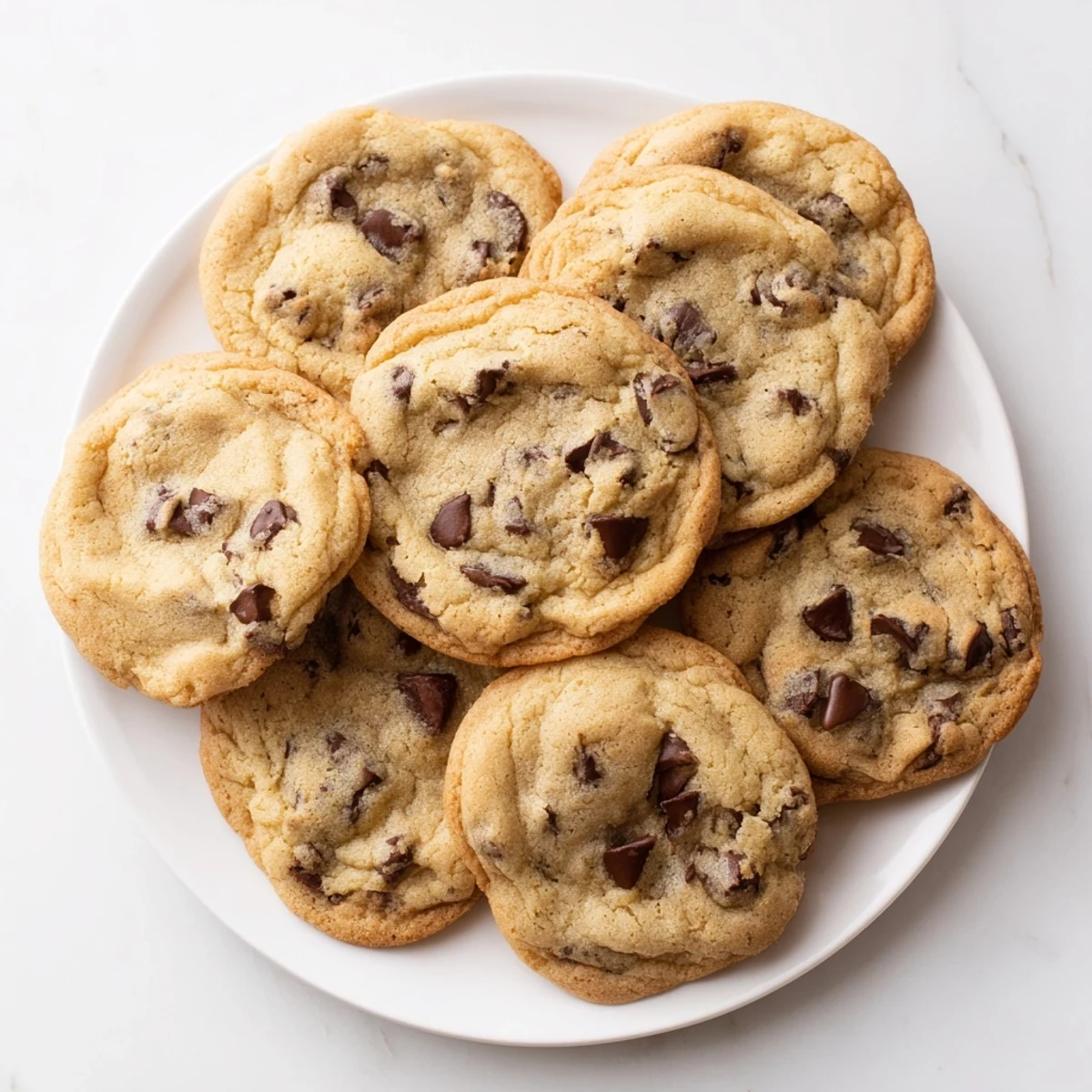 Golden brown chewy chocolate chip cookies fresh from the oven with melting chocolate centers