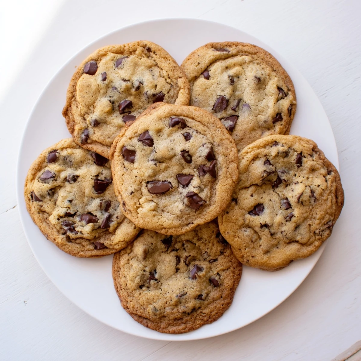 Soft homemade chocolate chip cookies stacked on a wooden board with gooey puddles