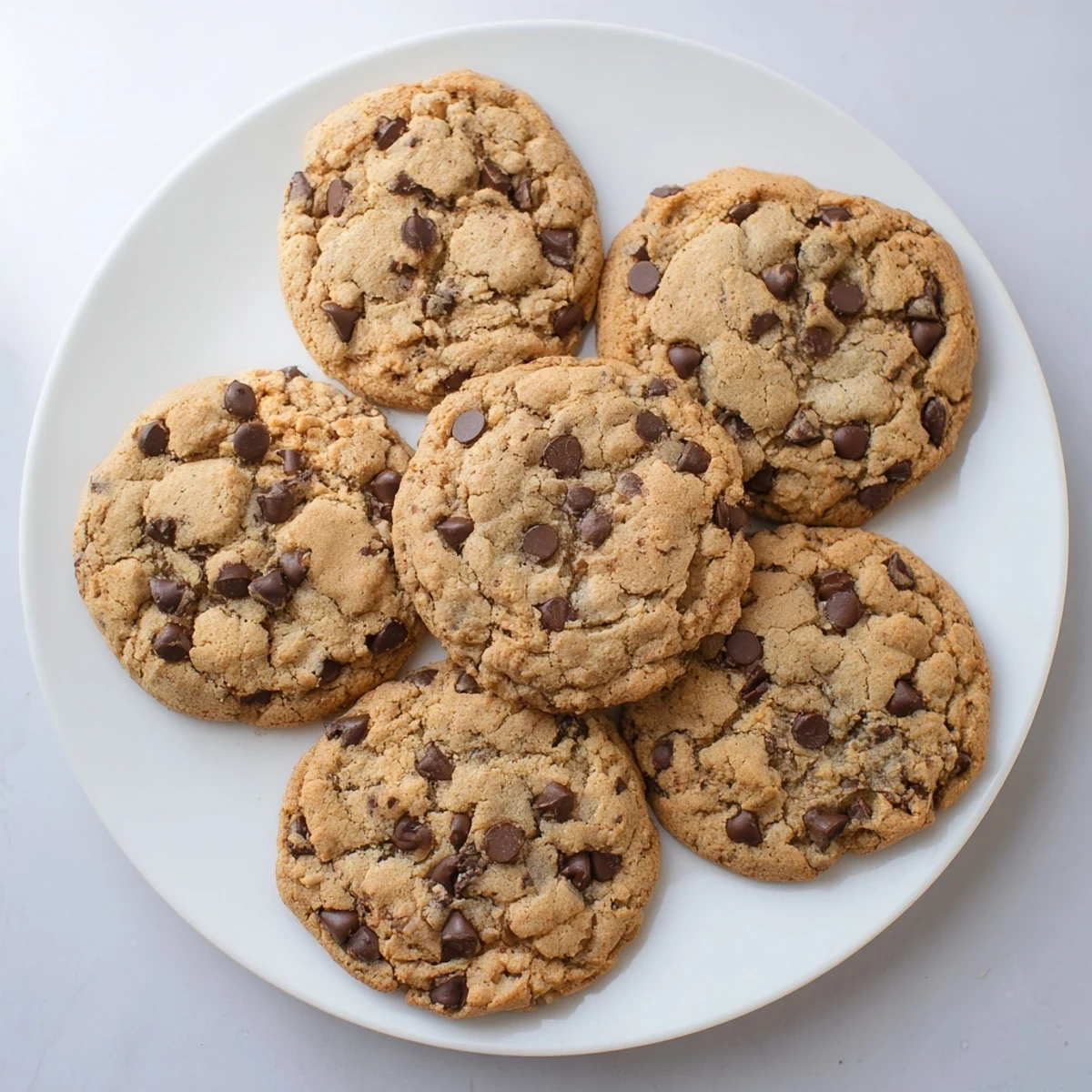 Plate of warm chewy chocolate chip cookies featuring crisp edges and rich chocolate chunks
