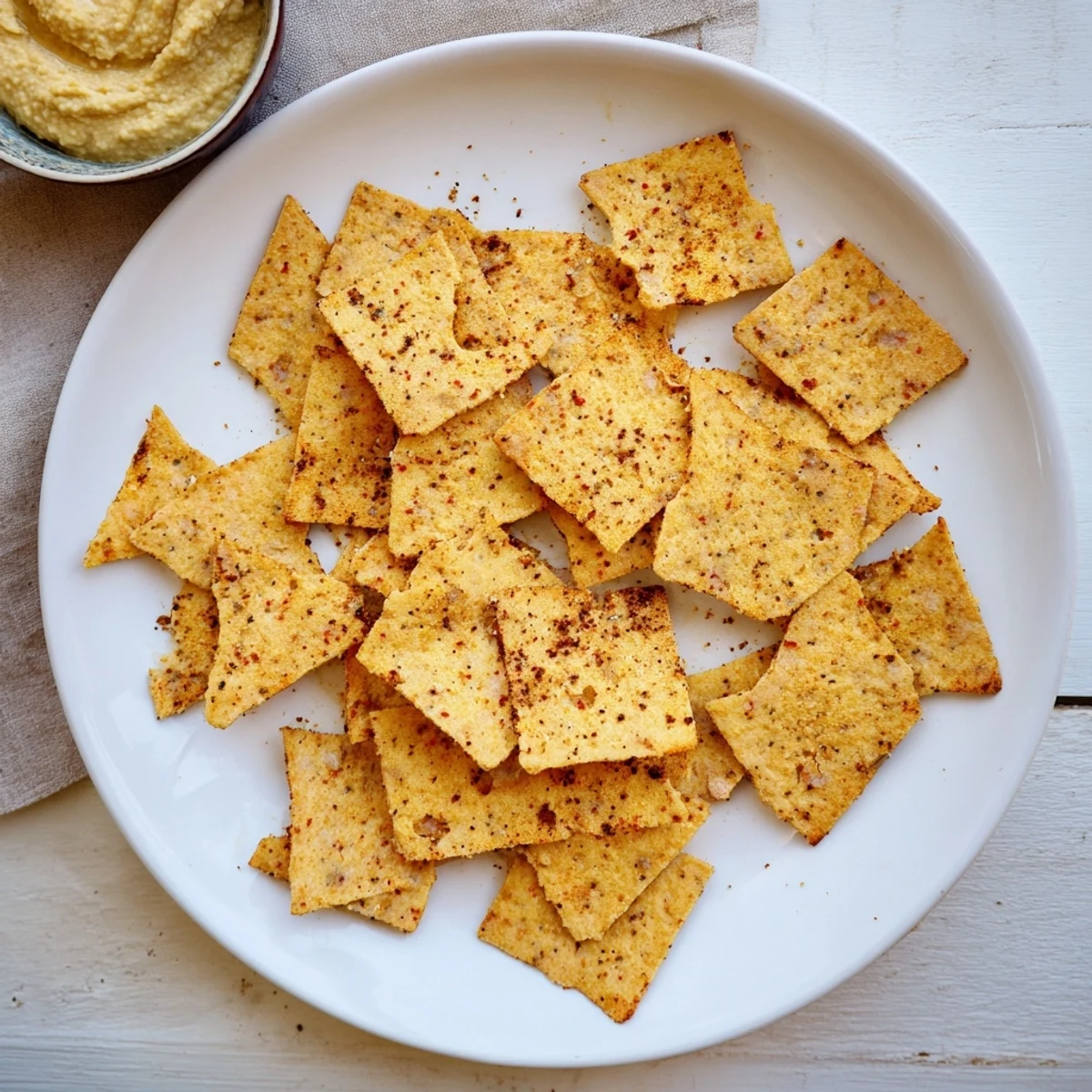 Handful of baked chickpea flour chips speckled with spices and sea salt