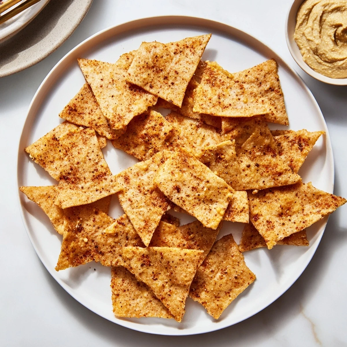 Protein-rich gluten-free chickpea chips served in a white bowl for dipping