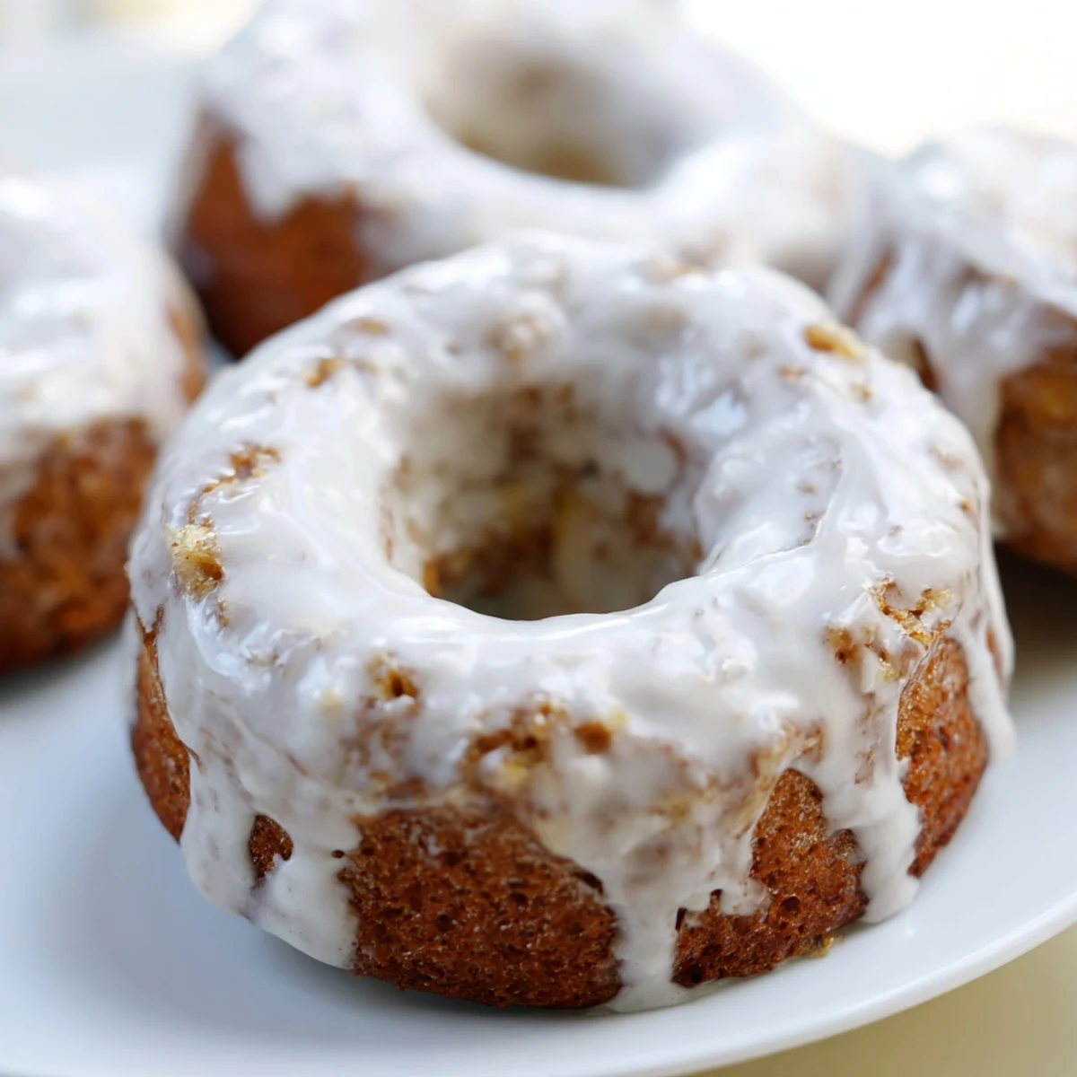 Golden banana bread donuts topped with sweet cinnamon glaze on a white plate