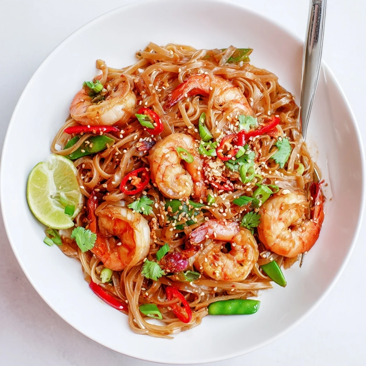 Spicy Garlic Shrimp Noodles Recipe plated steaming, glossy noodles, bright lime wedge