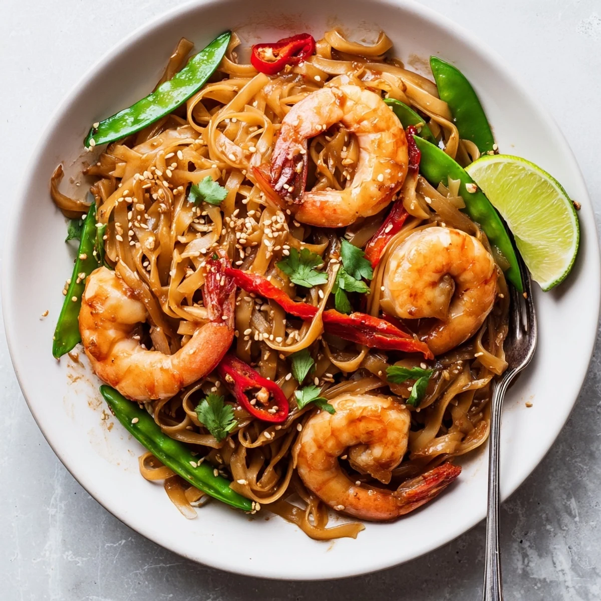 A bowl of Spicy Garlic Shrimp Noodles Recipe with crunchy snow peas