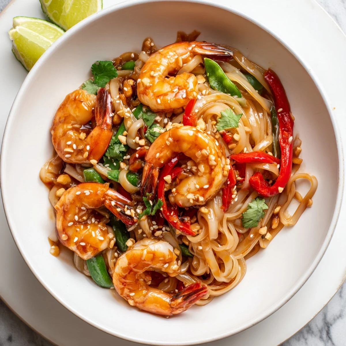 Stir-fried Spicy Garlic Shrimp Noodles Recipe served hot with lime and coriander