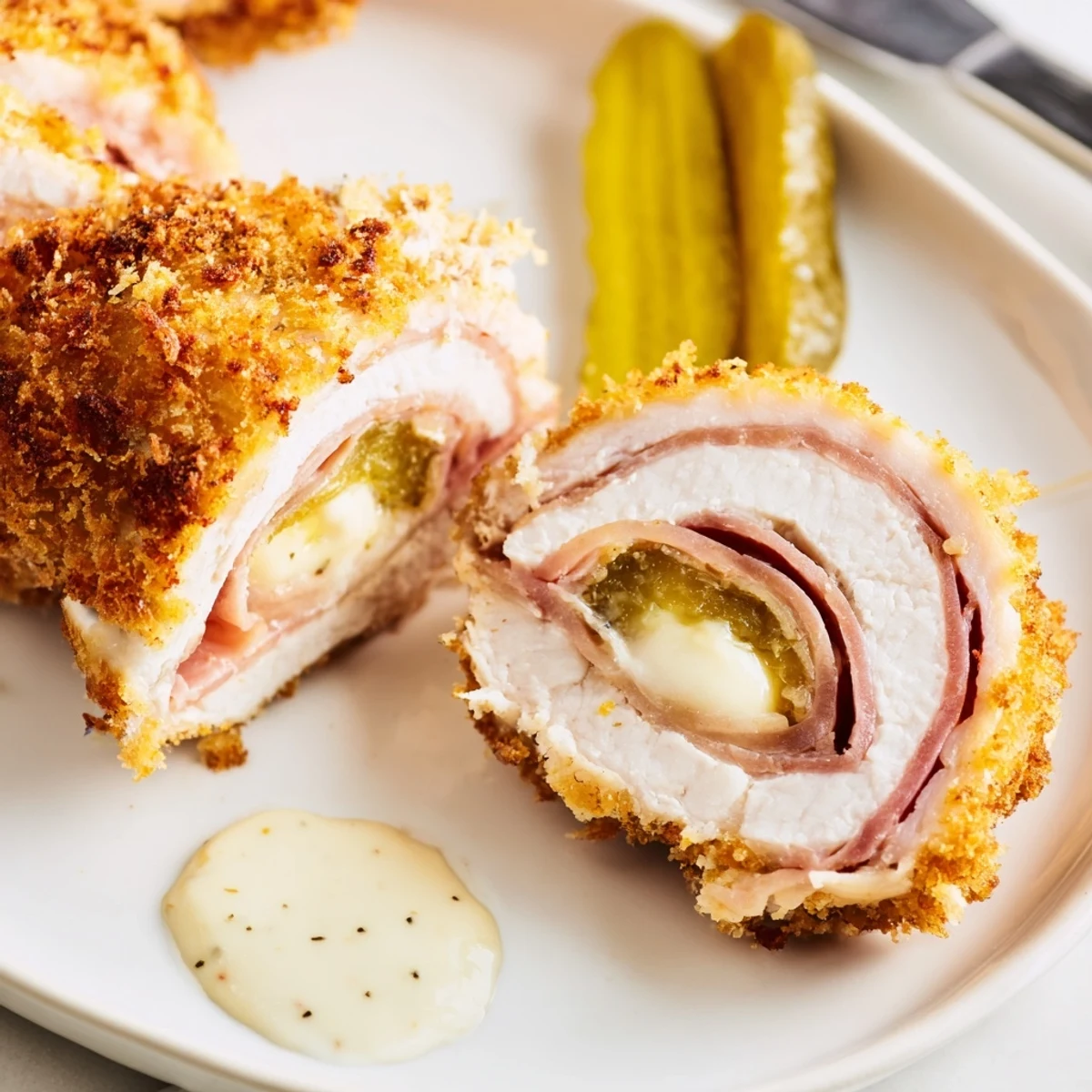 Crispy Pickle Brined Chicken Rolls sliced, golden crust, gooey cheese, tangy aroma.