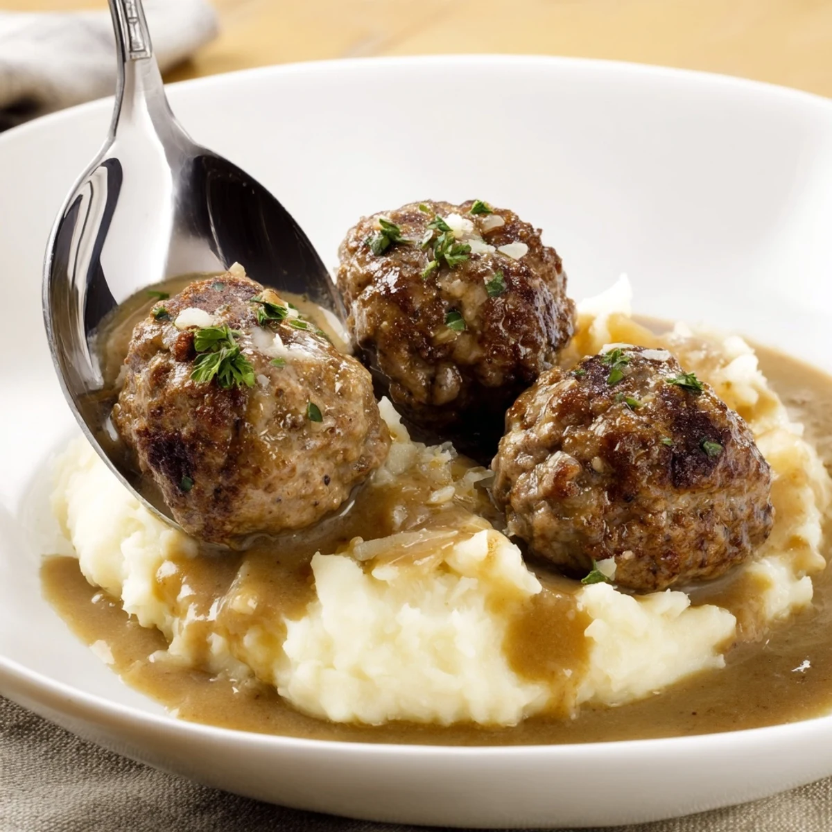 Hearty Crockpot Meatballs Gravy spooned onto buttered egg noodles, steam rising