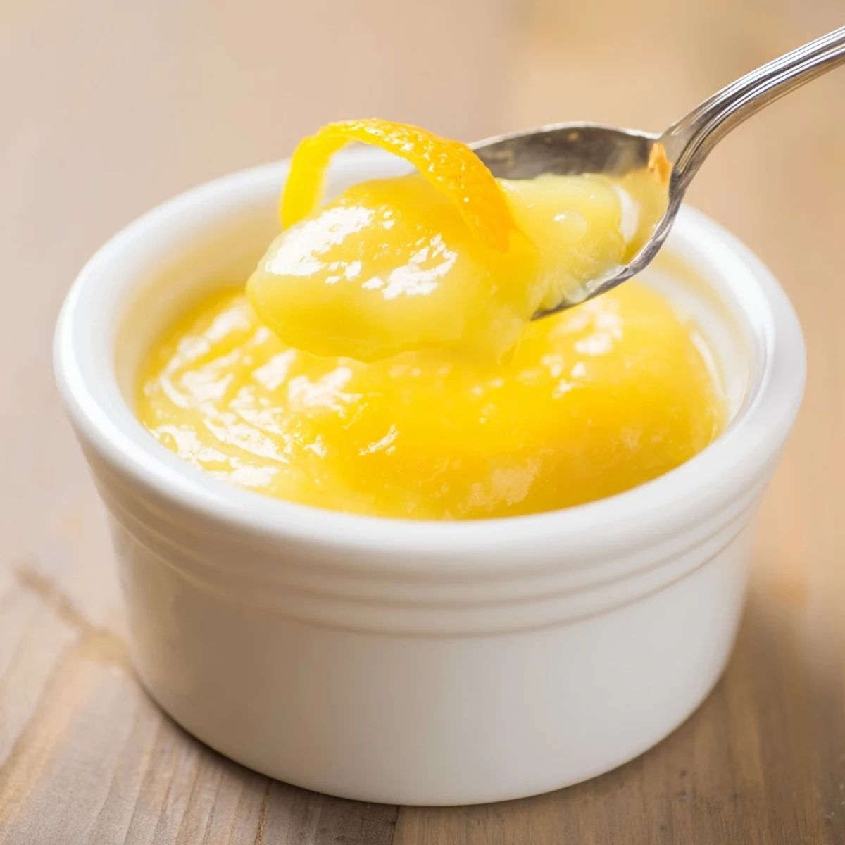 Silky Homemade Lemon Curd being strained over bowl, vivid tangy yellow.