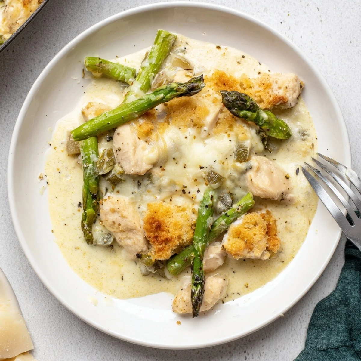 Creamy Chicken Asparagus Bake bubbling with golden cheese, tender chicken and asparagus