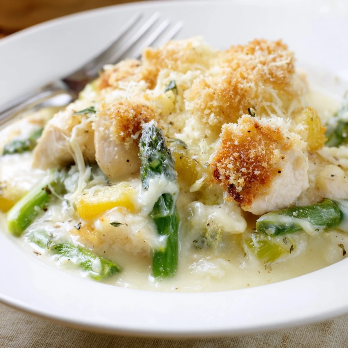 A cozy weeknight Creamy Chicken Asparagus Bake, creamy sauce and crisp topping