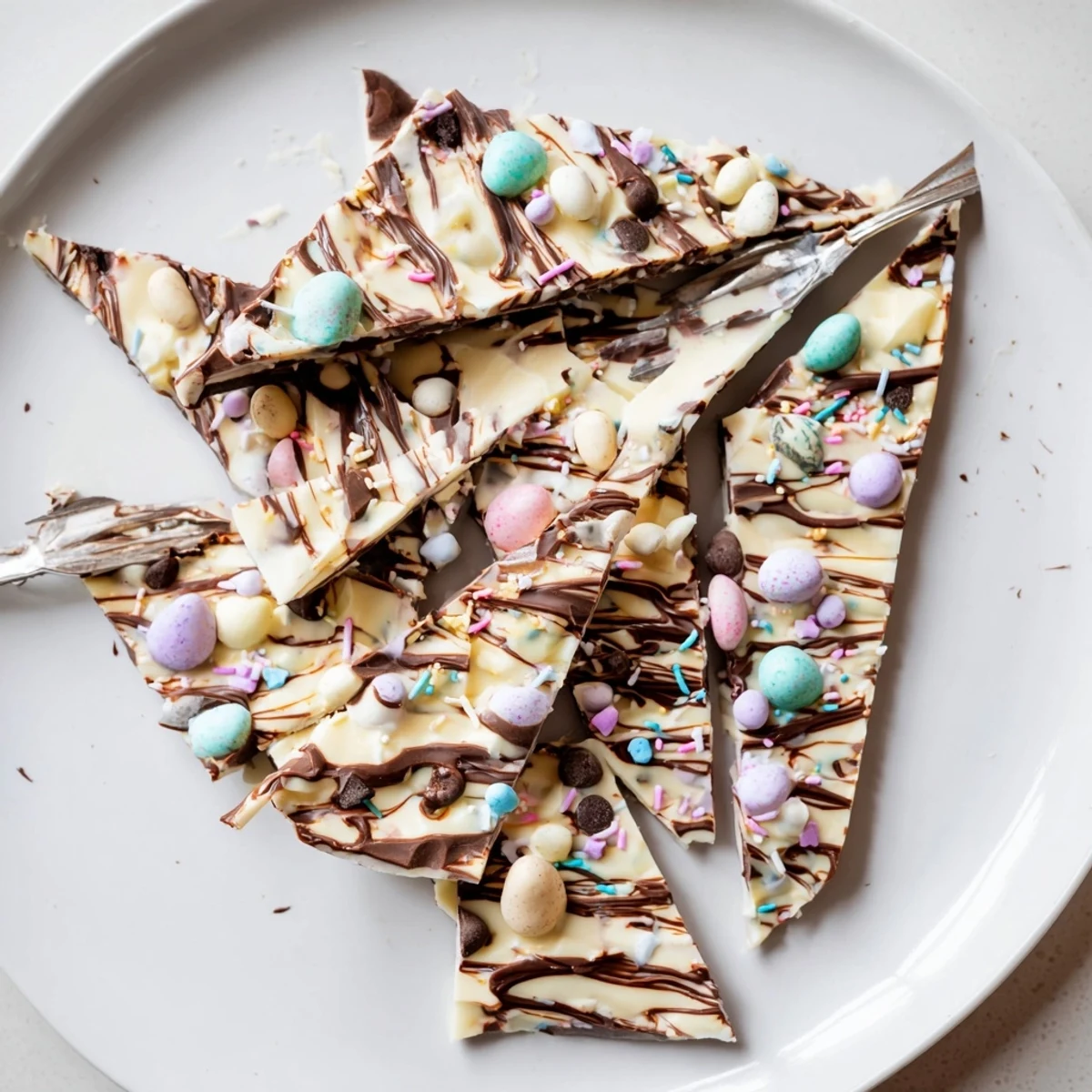 Chunky Robin Egg Easter Bark on parchment, pastel sprinkles, glossy chocolate sheen