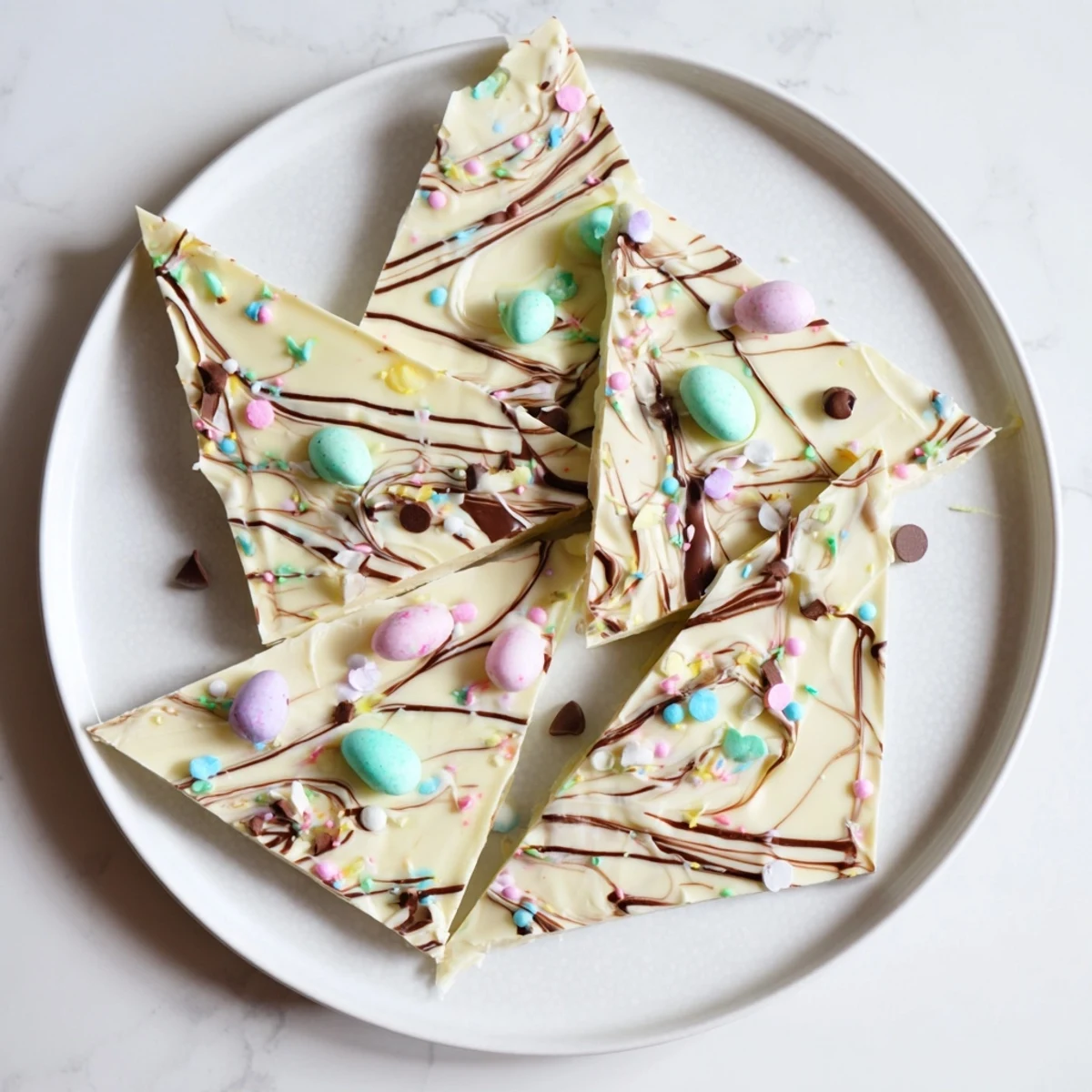 Robin Egg Easter Bark with colorful speckled candies and creamy marbled chocolate