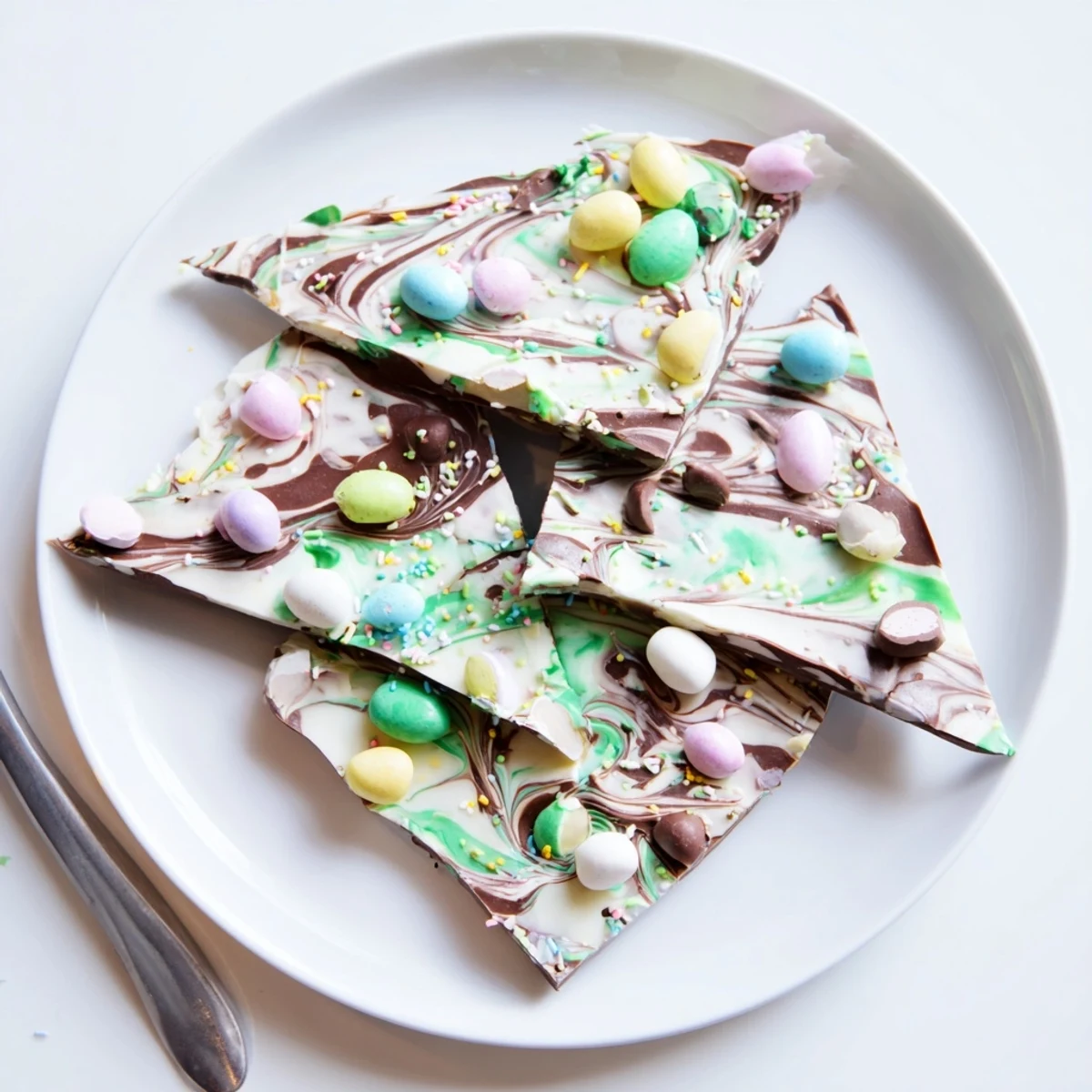 Broken piece of Robin Egg Easter Bark showing crunchy shells and smooth white chocolate