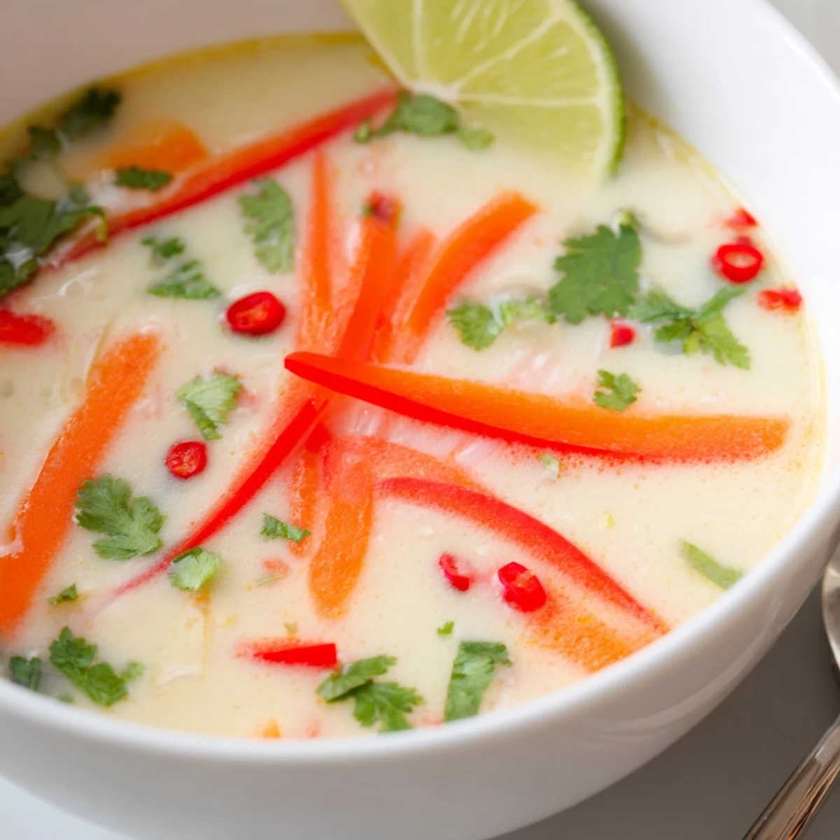Creamy Ginger Lemongrass Coconut Soup steaming in bowl, garnished with cilantro  