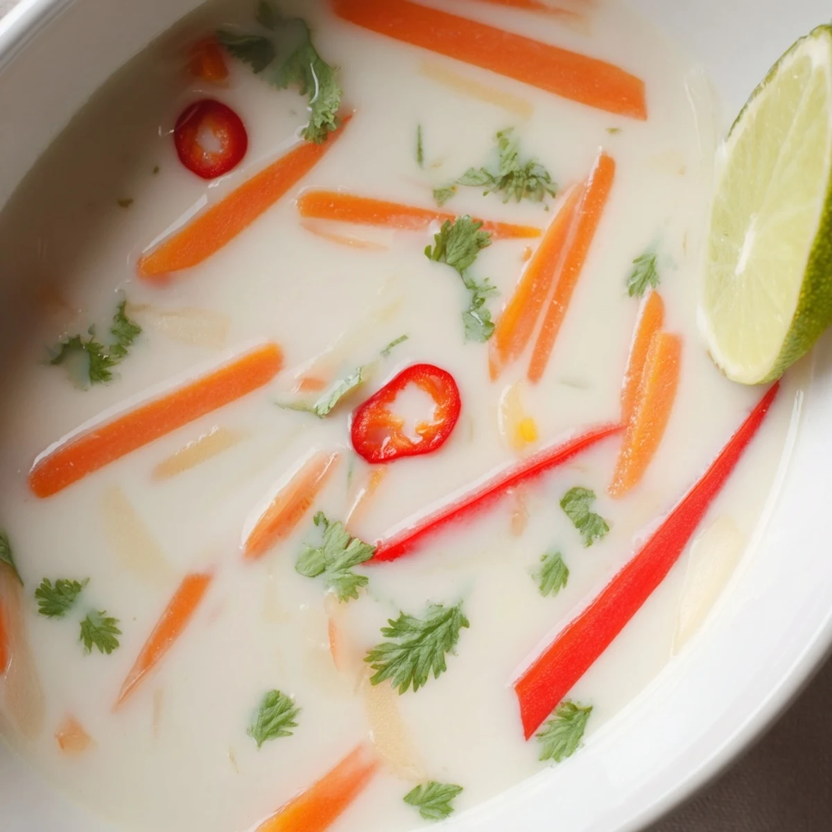 Bright Ginger Lemongrass Coconut Soup with lime, silky coconut milk, red chili  