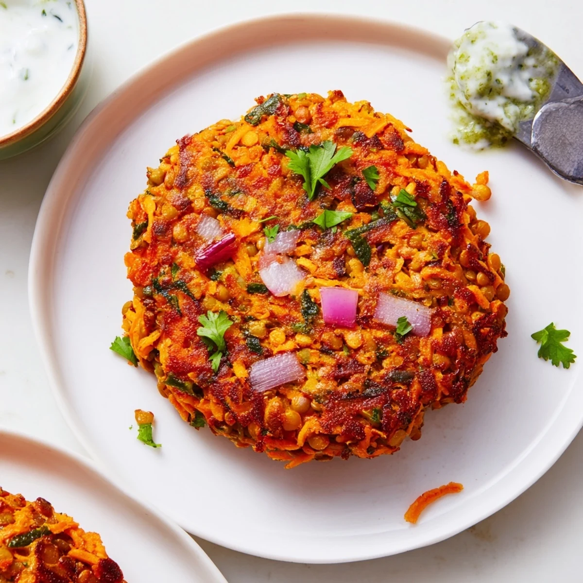 Crispy Sweet Potato Lentil Patties sizzling golden in skillet, served with yogurt.