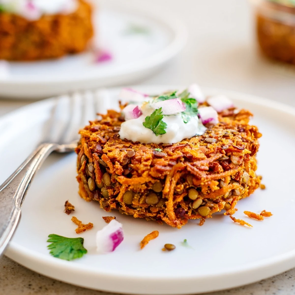 Hand-formed Crispy Sweet Potato Lentil Patties crunchy exterior, soft spiced interior, cilantro garnish.