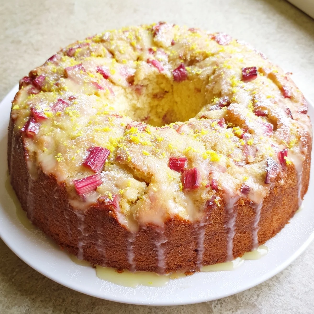 Golden rhubarb lemon drizzle cake with glistening citrus glaze on a serving plate