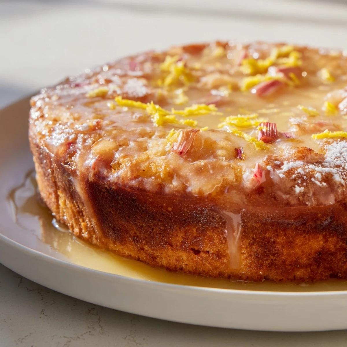 Moist rhubarb lemon drizzle cake speckled with pink tart fruit pieces and lemon zest