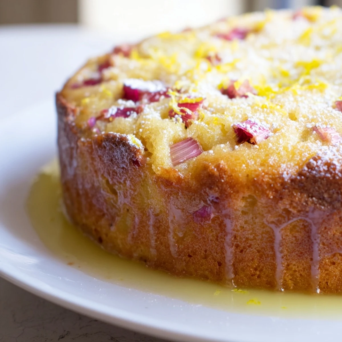 Slice of zesty rhubarb lemon drizzle cake topped with powdered sugar and fresh citrus
