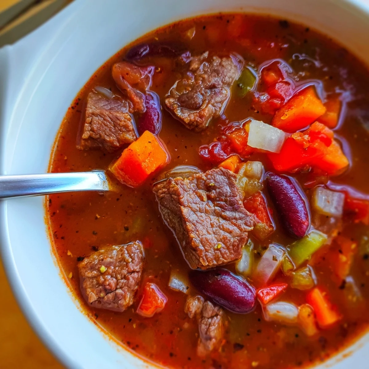 Steaming bowl of savory beef and bean soup delight topped with fresh parsley