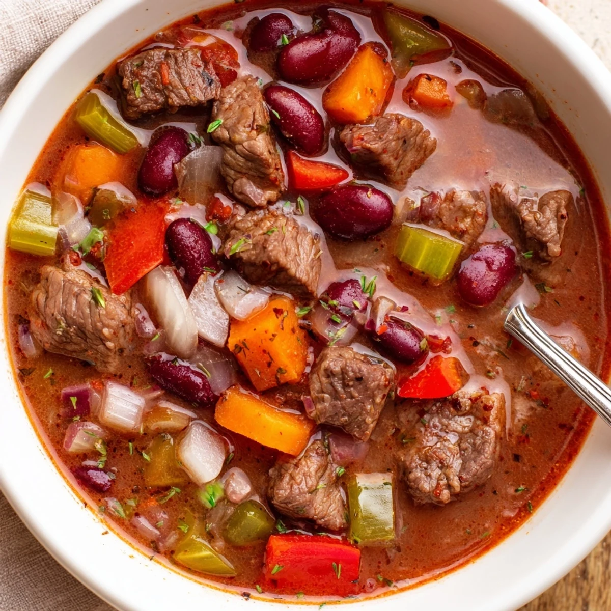 Hearty beef and bean soup delight simmered with tender beef cubes and colorful vegetables