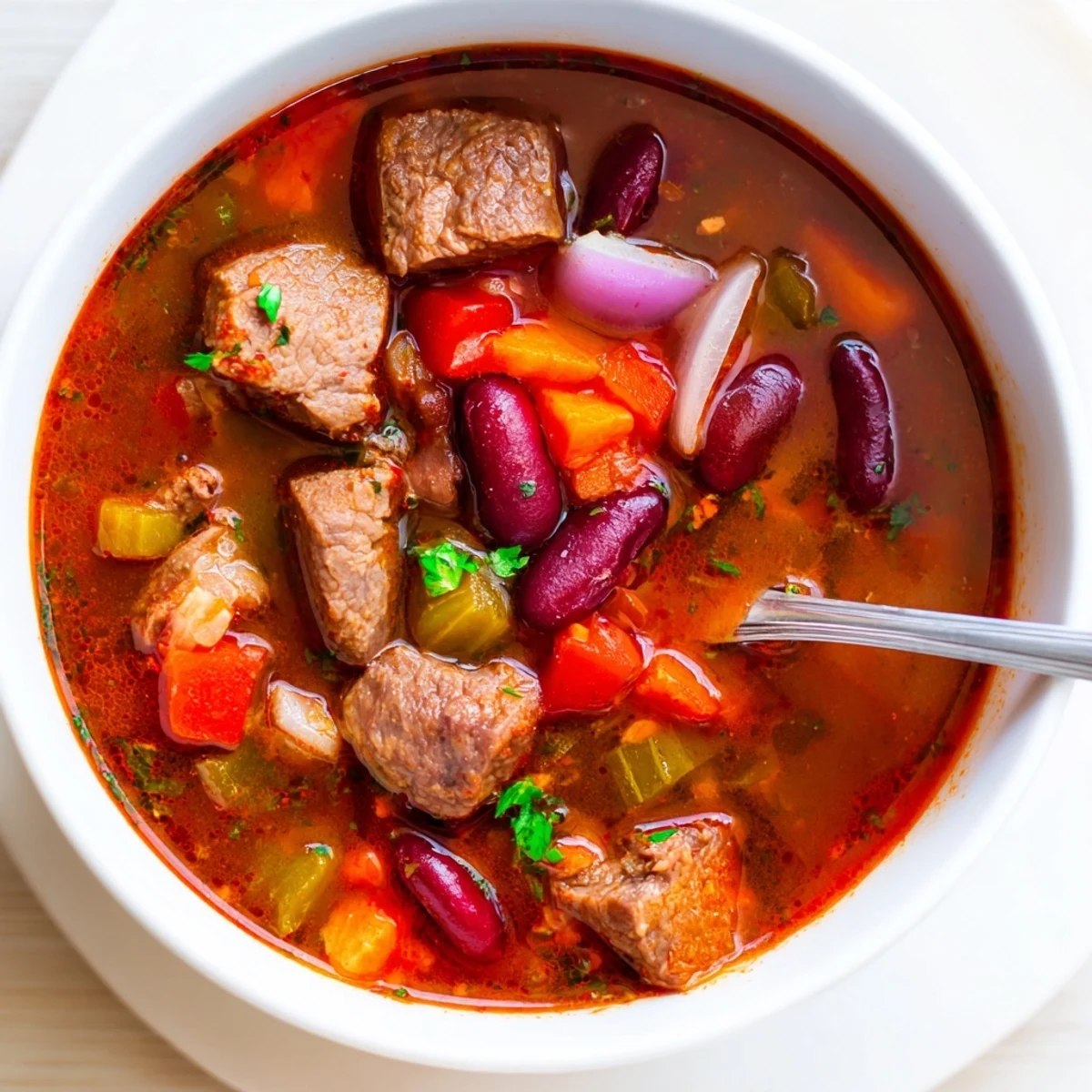 Rustic beef and bean soup delight featuring kidney beans in rich tomato broth