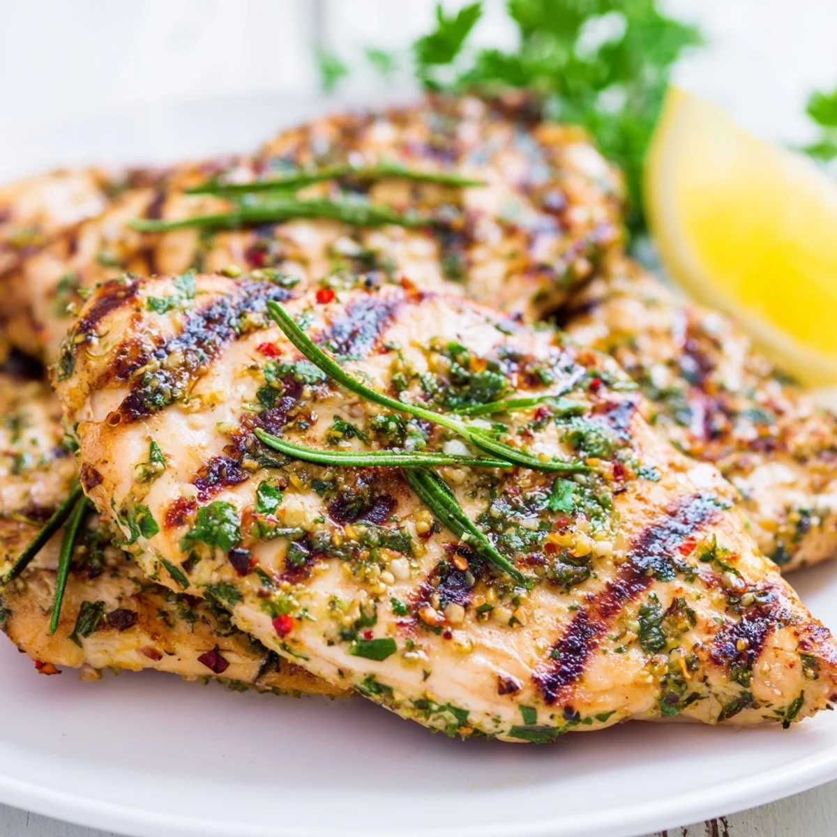 Savory herb rubbed grilled chicken delight with charred edges and fresh herb coating