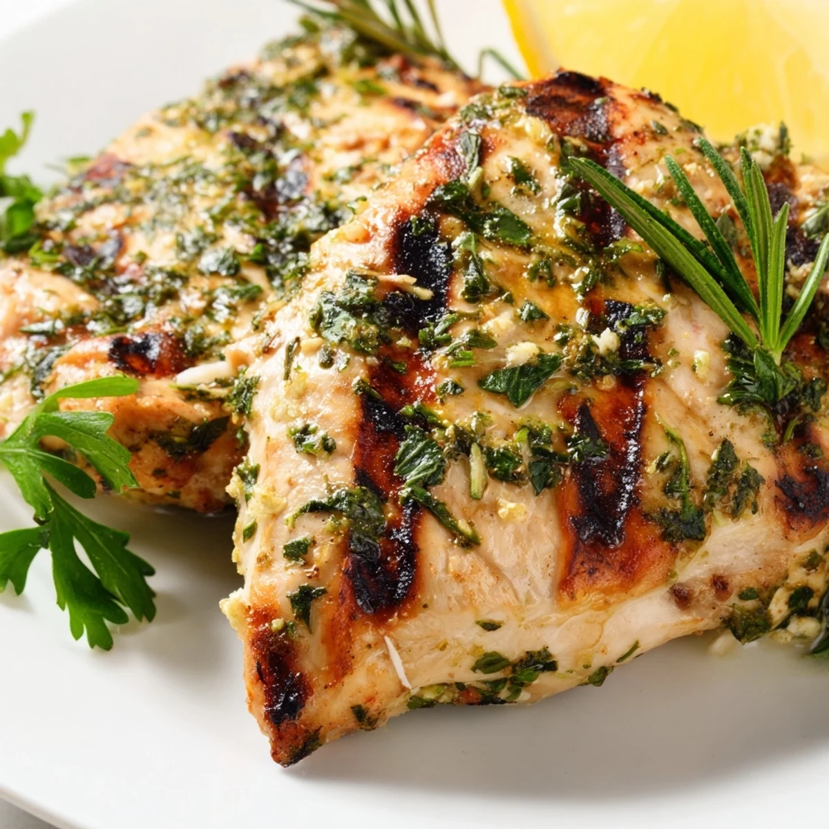 Juicy herb rubbed grilled chicken delight showcasing crisp grill marks and vibrant green herb crust