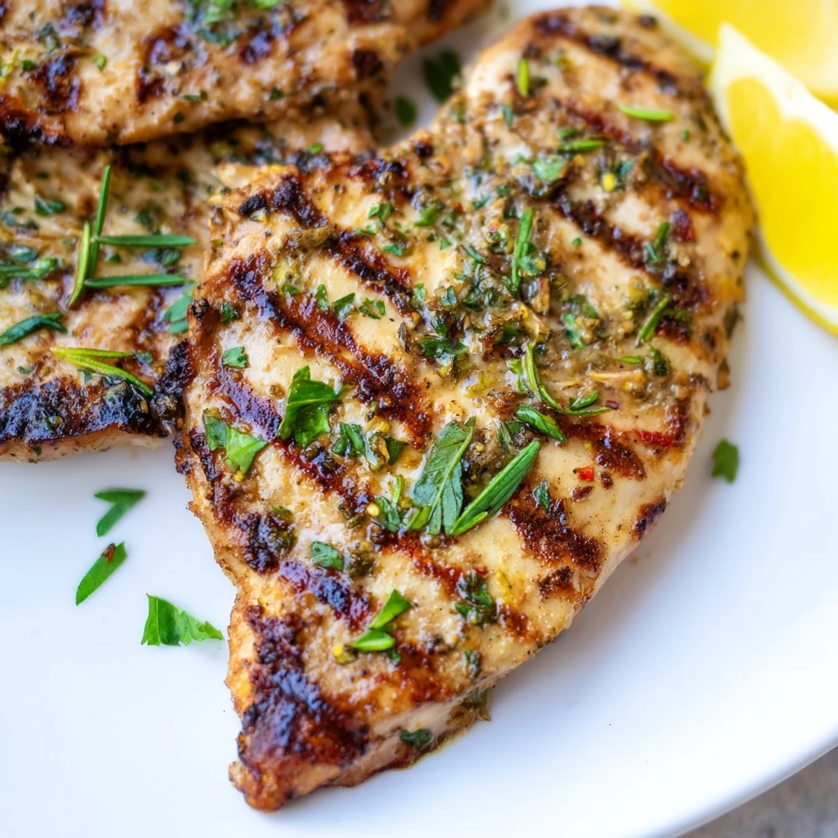 Golden brown herb rubbed grilled chicken delight plated with lemon wedges and parsley garnish