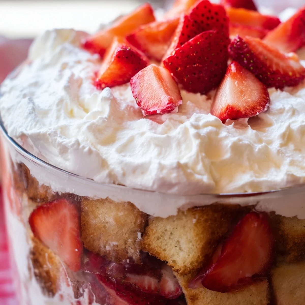 Golden Strawberry Shortcake Trifles layered with fresh berries and fluffy whipped cream in clear glasses