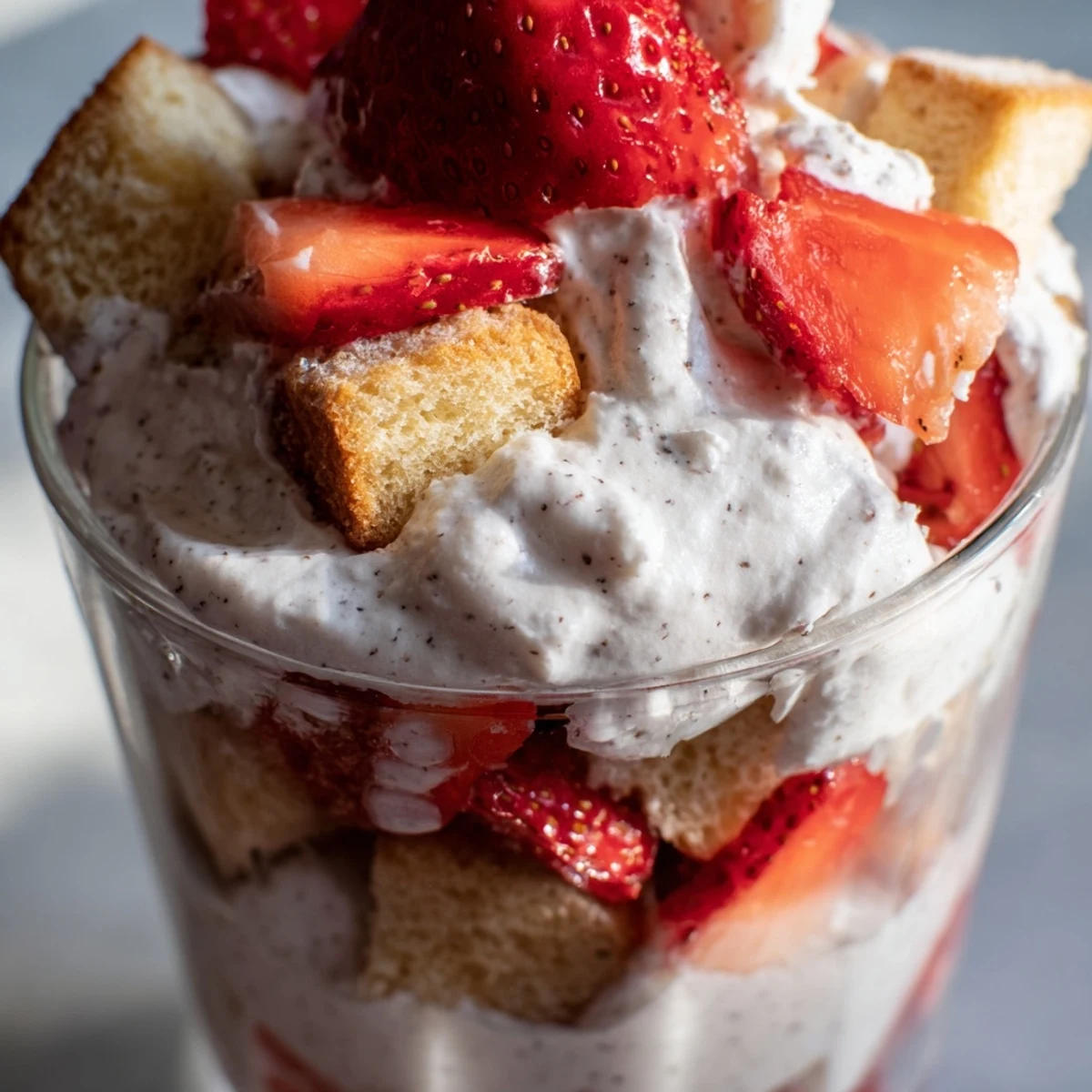 Individual Strawberry Shortcake Trifles showcasing tender cake cubes with juicy red strawberries and vanilla cream