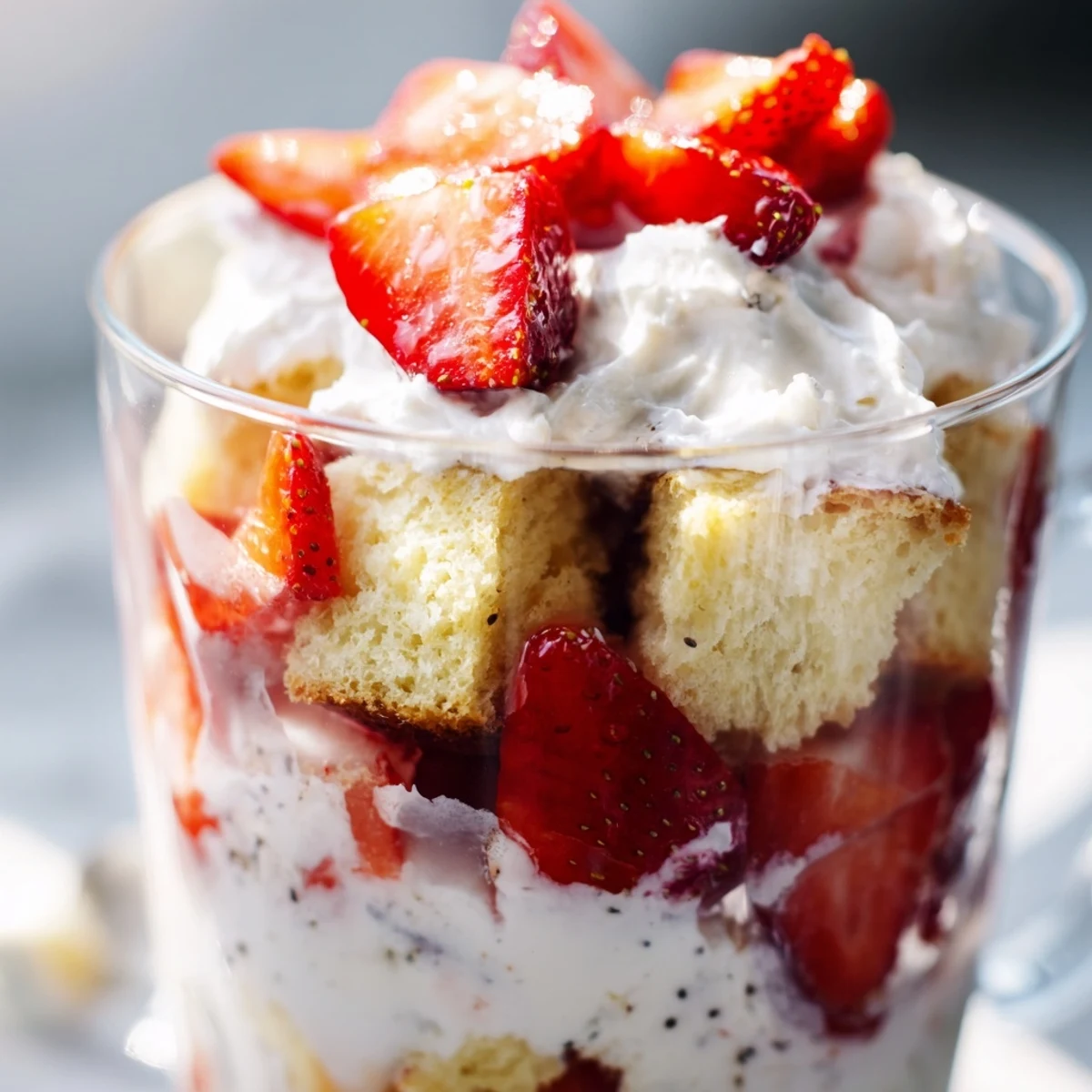 Elegant Strawberry Shortcake Trifles featuring whipped cream between sweet strawberries and buttery shortcake layers