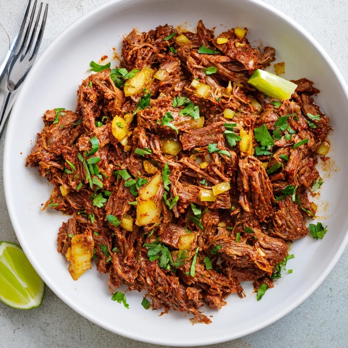 Steamy slow cooker beef barbacoa piled high on white corn tortillas with fresh cilantro
