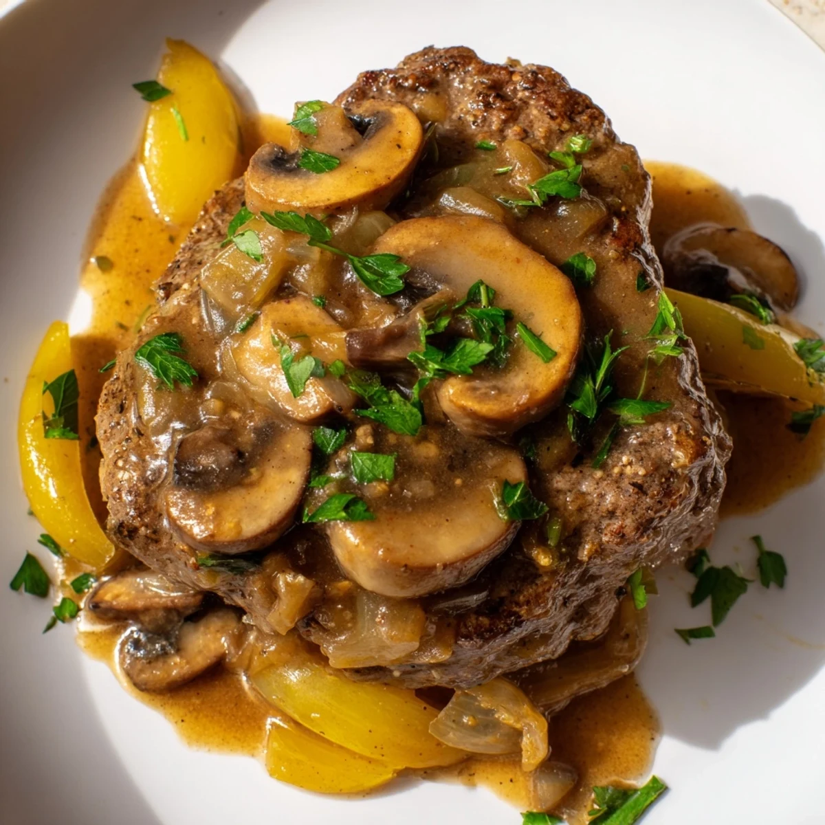 Golden brown country style smothered cube steak simmering in rich onion mushroom gravy