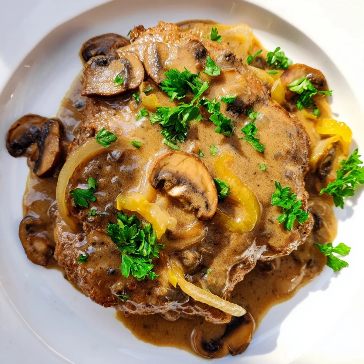 Tender beef cube steaks nestled in thick savory gravy with caramelized onions and mushrooms