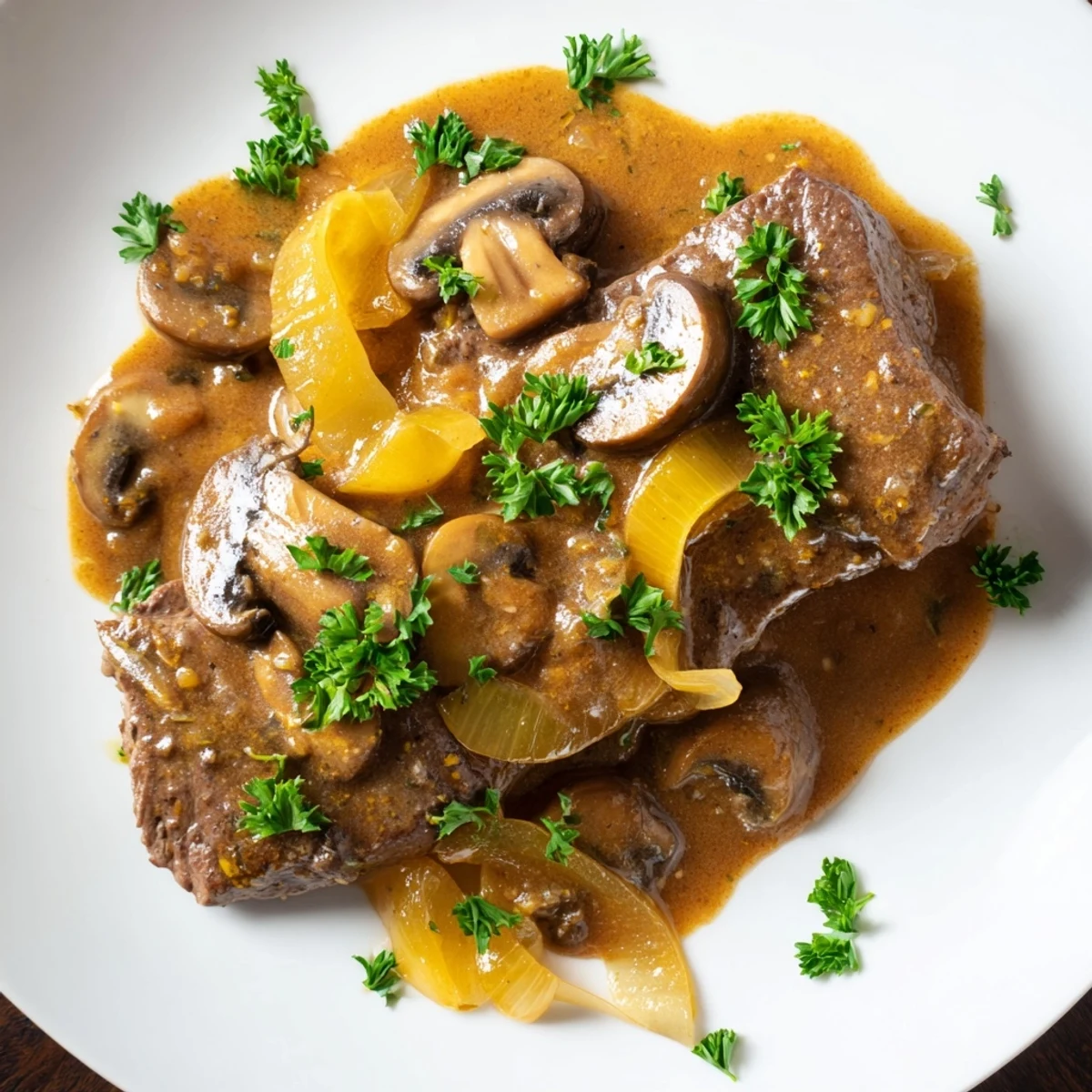 Southern style smothered cube steak dinner topped with creamy mushroom gravy and fresh parsley
