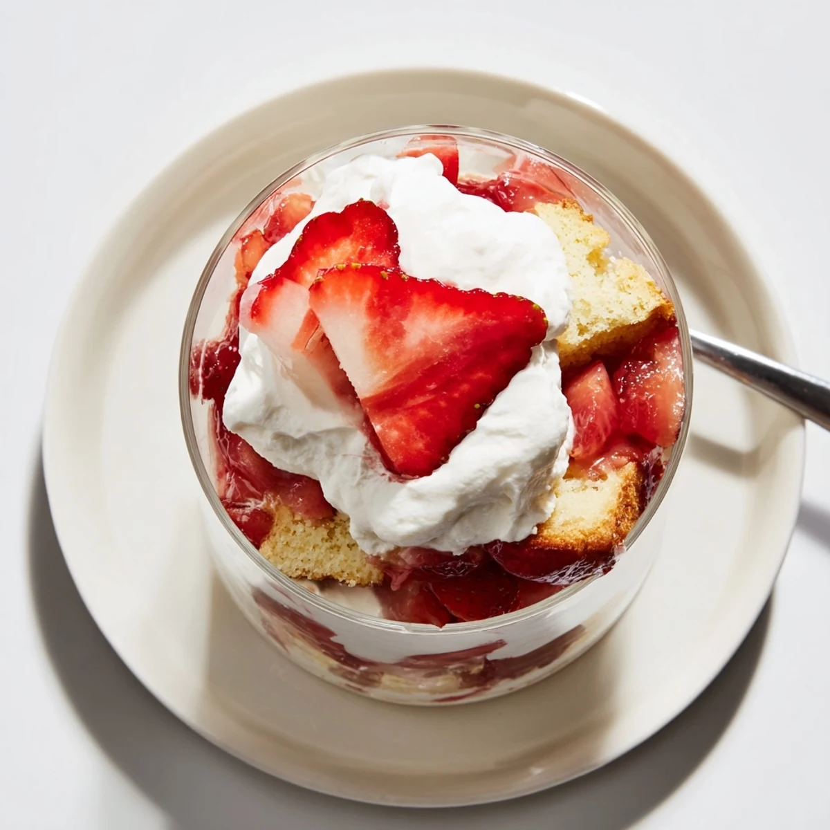 Individual Strawberry Shortcake Trifles showing golden shortcake crumbs and airy whipped cream