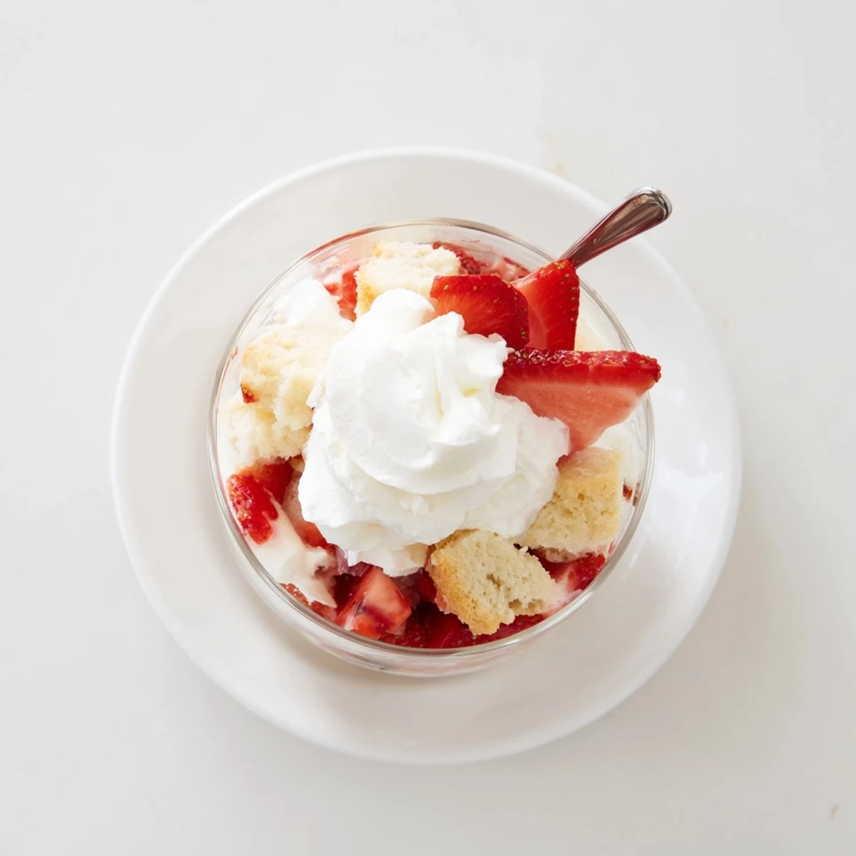Chilled Strawberry Shortcake Trifles with macerated strawberry juices and fresh mint garnish