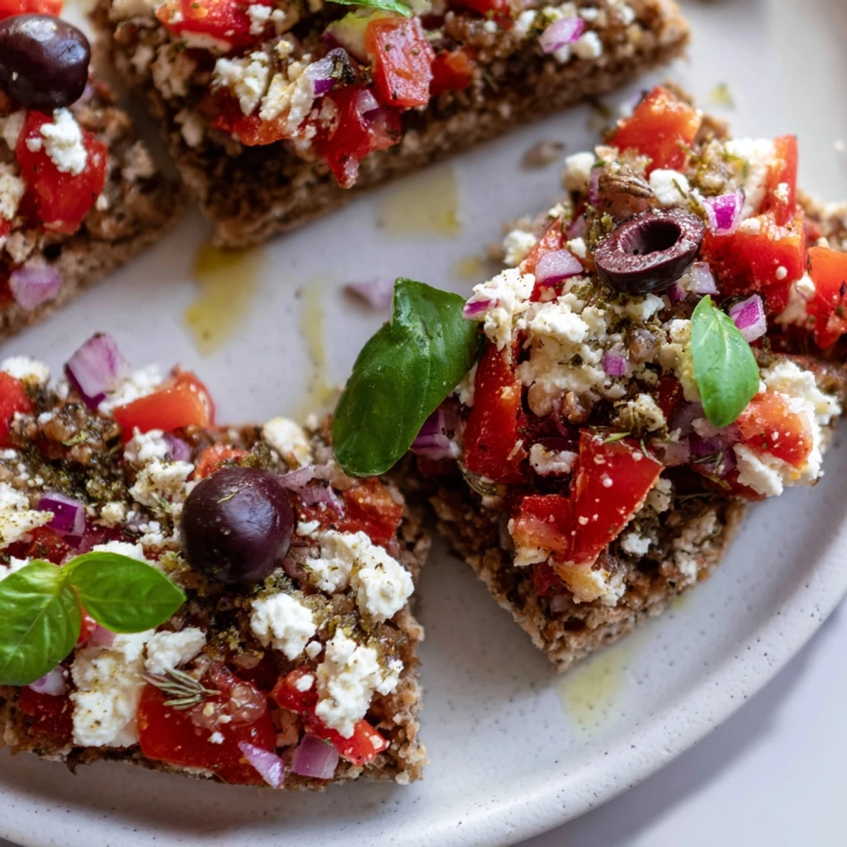Golden crispy Cretan feta rusks topped with juicy tomatoes and fragrant oregano