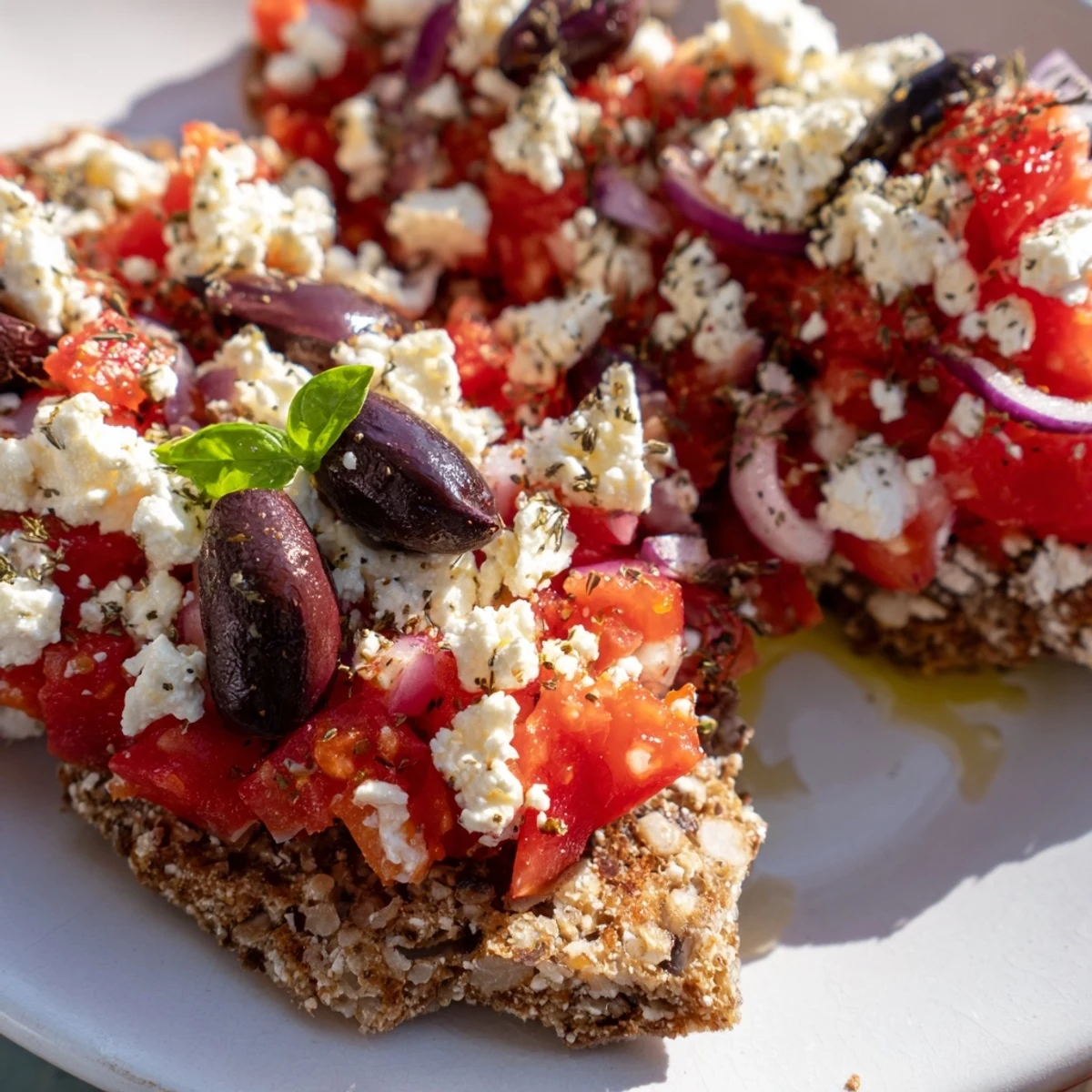 Warm crispy Cretan feta rusks layered with crumbled cheese and fresh herbs