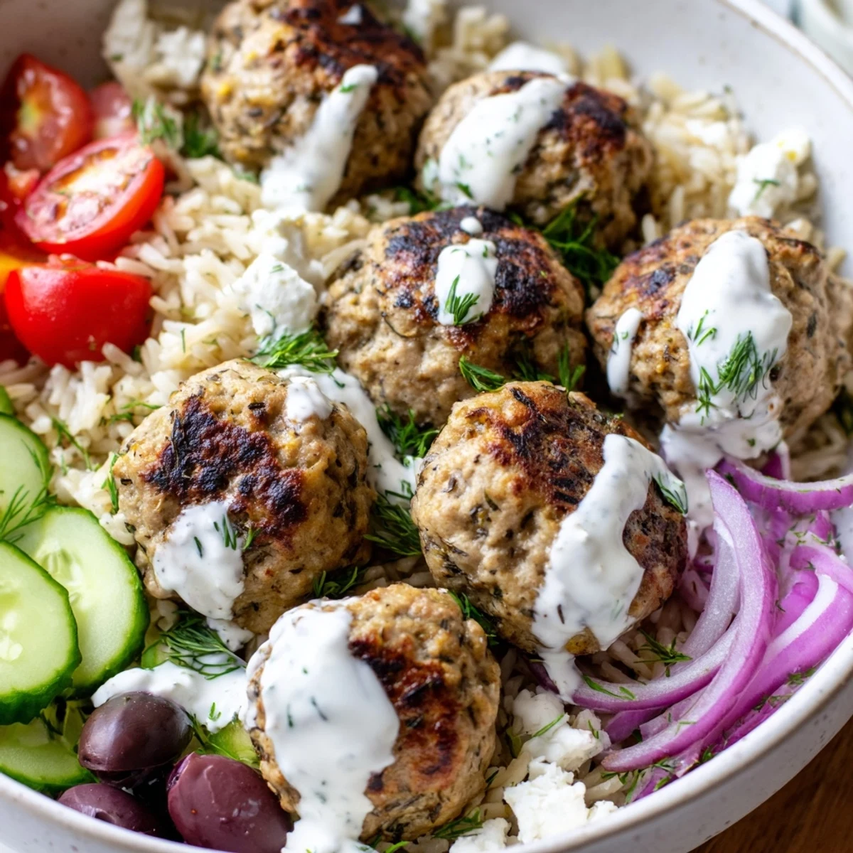 Creamy yogurt sauce drizzled over Mediterranean za'atar turkey meatball bowls with crisp vegetables