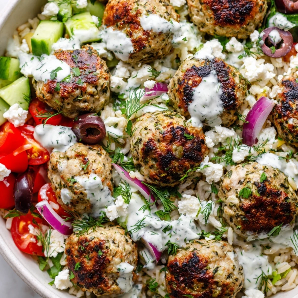 Golden za'atar turkey meatballs nestled over herbed rice with vibrant Mediterranean toppings