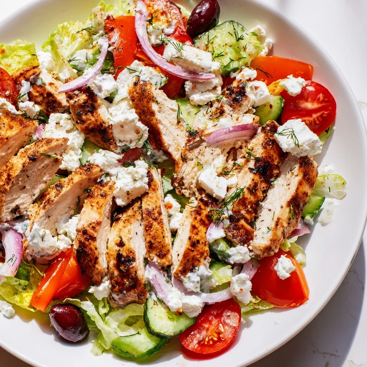 Greek chicken salad with creamy whipped feta dressing drizzled over crisp greens and grilled chicken